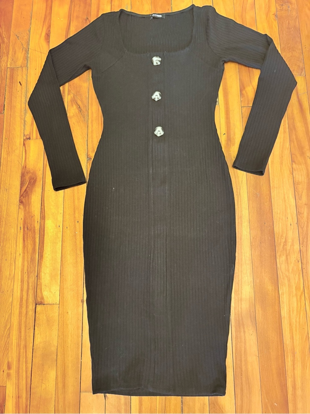 FASHION NOVA Black Ribbed Long Sleeve Midi Dress with Faux Front Buttons - Small